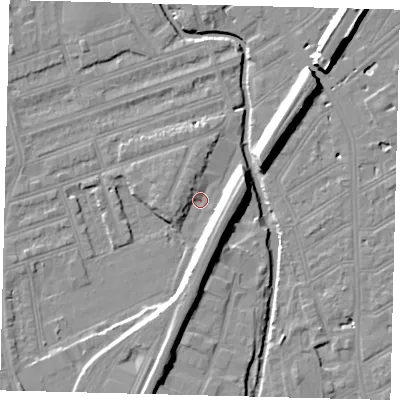 Shaded relief map of the ground around SW184SJ, computed from Environment Agency LiDAR. The ground here sits at about 8 m above sea level and falls 11 m across the surrounding 800 m. Surface water reaching this point runs off ground lying to the south, 8.8 m higher.