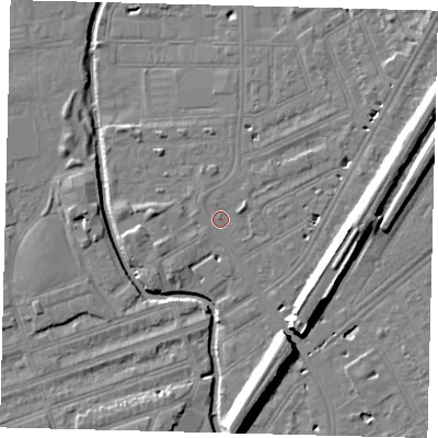 Shaded relief map of the ground around SW184SL, computed from Environment Agency LiDAR. The ground here sits at about 9 m above sea level and falls 12 m across the surrounding 800 m. Surface water reaching this point runs off ground lying to the east, 10.4 m higher.