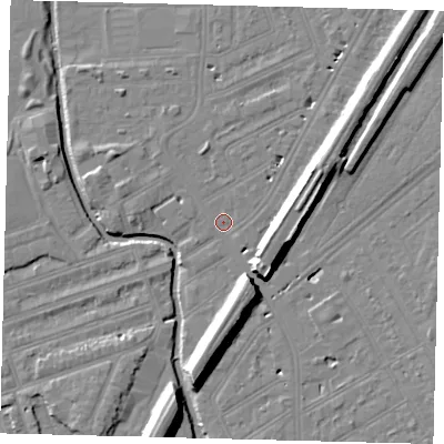 Shaded relief map of the ground around SW184SN, computed from Environment Agency LiDAR. The ground here sits at about 9 m above sea level and falls 12 m across the surrounding 800 m. Surface water reaching this point runs off ground lying to the north-east, 11.4 m higher.
