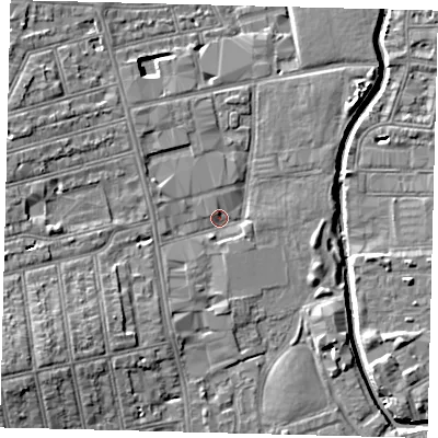Shaded relief map of the ground around SW184SQ, computed from Environment Agency LiDAR. The ground here sits at about 8 m above sea level and falls 11 m across the surrounding 800 m. Surface water reaching this point runs off ground lying to the south-west, 8.9 m higher.