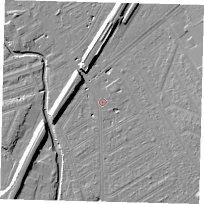 Shaded relief map of the ground around SW184SR, computed from Environment Agency LiDAR. The ground here sits at about 9 m above sea level and falls 11 m across the surrounding 800 m. Surface water reaching this point runs off ground lying to the east-south-east, 2.0 m higher.
