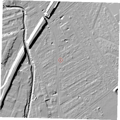 Shaded relief map of the ground around SW184ST, computed from Environment Agency LiDAR. The ground here sits at about 10 m above sea level and falls 11 m across the surrounding 800 m. Surface water reaching this point runs off ground lying to the east, 1.7 m higher.