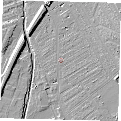Shaded relief map of the ground around SW184SU, computed from Environment Agency LiDAR. The ground here sits at about 10 m above sea level and falls 10 m across the surrounding 800 m. Surface water reaching this point runs off ground lying to the east-north-east, 1.1 m higher.