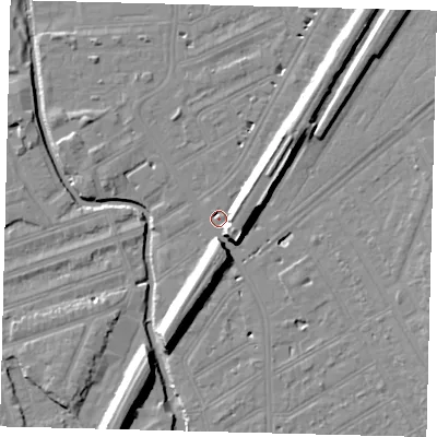 Shaded relief map of the ground around SW184SW, computed from Environment Agency LiDAR. The ground here sits at about 9 m above sea level and falls 12 m across the surrounding 800 m. Surface water reaching this point runs off ground lying to the north-east, 10.5 m higher.