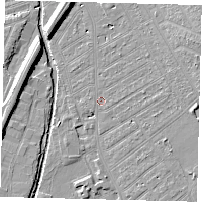 Shaded relief map of the ground around SW184SX, computed from Environment Agency LiDAR. The ground here sits at about 10 m above sea level and falls 10 m across the surrounding 800 m. Surface water reaching this point runs off ground lying to the east-north-east, 1.4 m higher.