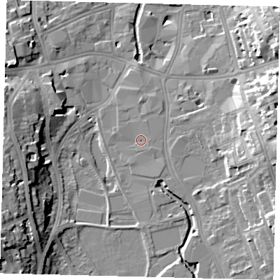 Shaded relief map of the ground around SW184TE, computed from Environment Agency LiDAR. The ground here sits at about 6 m above sea level and falls 19 m across the surrounding 800 m. Surface water reaching this point runs off ground lying to the south-east, 0.9 m higher.