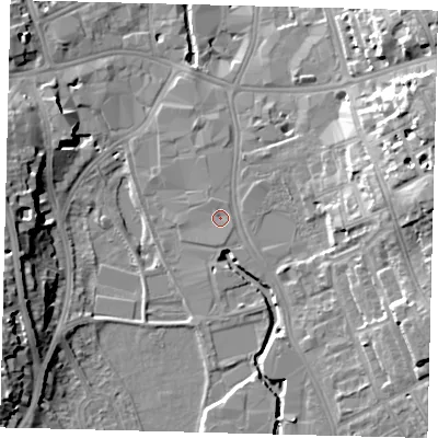 Shaded relief map of the ground around SW184TF, computed from Environment Agency LiDAR. The ground here sits at about 6 m above sea level and falls 17 m across the surrounding 800 m. Surface water reaching this point runs off ground lying to the south-south-east, 0.7 m higher.