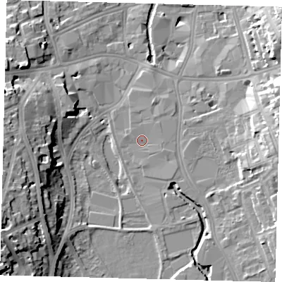 Shaded relief map of the ground around SW184TG, computed from Environment Agency LiDAR. The ground here sits at about 6 m above sea level and falls 20 m across the surrounding 800 m. Surface water reaching this point runs off ground lying to the east-south-east, 0.9 m higher.