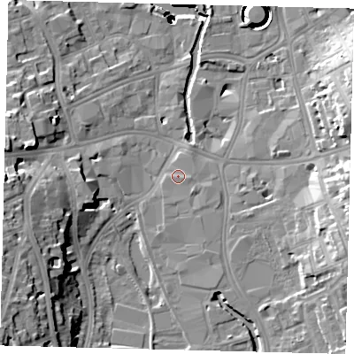 Shaded relief map of the ground around SW184TQ, computed from Environment Agency LiDAR. The ground here sits at about 6 m above sea level and falls 42 m across the surrounding 800 m. Surface water reaching this point runs off ground lying to the south-east, 0.9 m higher.