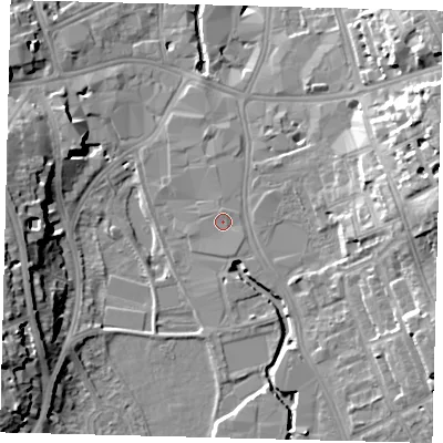Shaded relief map of the ground around SW184TS, computed from Environment Agency LiDAR. The ground here sits at about 6 m above sea level and falls 18 m across the surrounding 800 m. Surface water reaching this point runs off ground lying to the south-east, 0.7 m higher.