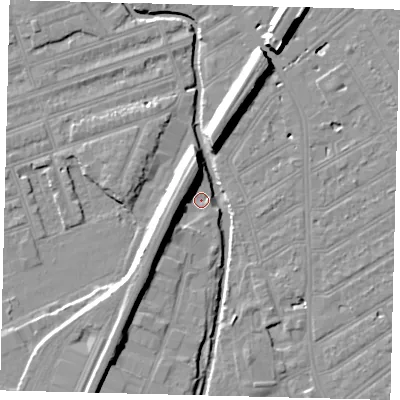 Shaded relief map of the ground around SW184TW, computed from Environment Agency LiDAR. The ground here sits at about 9 m above sea level and falls 11 m across the surrounding 800 m. Surface water reaching this point runs off ground lying to the north-north-west, 8.0 m higher.