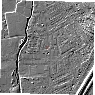 Shaded relief map of the ground around SW184UD, computed from Environment Agency LiDAR. The ground here sits at about 8 m above sea level and falls 18 m across the surrounding 800 m. Surface water reaching this point runs off ground lying to the east, 7.8 m higher.