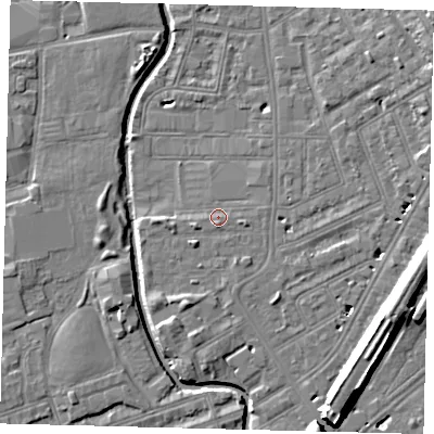 Shaded relief map of the ground around SW184UH, computed from Environment Agency LiDAR. The ground here sits at about 8 m above sea level and falls 12 m across the surrounding 800 m. Surface water reaching this point runs off ground lying to the east, 1.2 m higher.