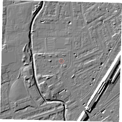 Shaded relief map of the ground around SW184UJ, computed from Environment Agency LiDAR. The ground here sits at about 9 m above sea level and falls 12 m across the surrounding 800 m. Surface water reaching this point runs off ground lying to the south, 0.9 m higher.