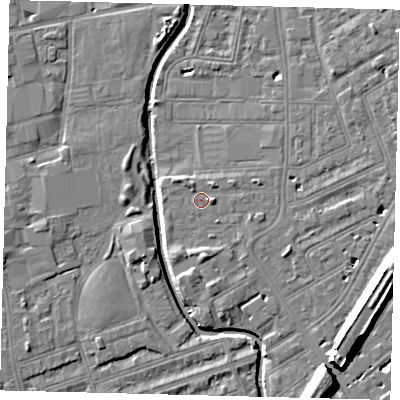 Shaded relief map of the ground around SW184UL, computed from Environment Agency LiDAR. The ground here sits at about 9 m above sea level and falls 12 m across the surrounding 800 m. Surface water reaching this point runs off ground lying to the south, 2.9 m higher.