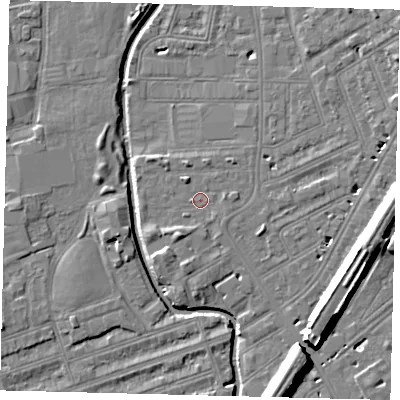 Shaded relief map of the ground around SW184UN, computed from Environment Agency LiDAR. The ground here sits at about 9 m above sea level and falls 12 m across the surrounding 800 m. Surface water reaching this point runs off ground lying to the south-south-west, 2.8 m higher.