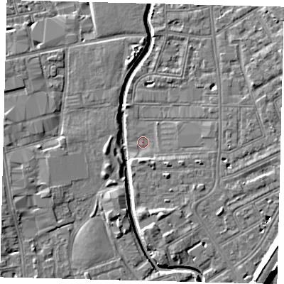 Shaded relief map of the ground around SW184UQ, computed from Environment Agency LiDAR. The ground here sits at about 7 m above sea level and falls 11 m across the surrounding 800 m. Surface water reaching this point runs off ground lying to the south-south-east, 4.2 m higher.