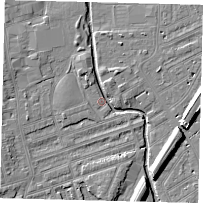 Shaded relief map of the ground around SW184UR, computed from Environment Agency LiDAR. The ground here sits at about 8 m above sea level and falls 11 m across the surrounding 800 m. Surface water reaching this point runs off ground lying to the south-east, 10.4 m higher.