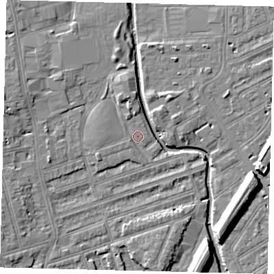 Shaded relief map of the ground around SW184UT, computed from Environment Agency LiDAR. The ground here sits at about 9 m above sea level and falls 11 m across the surrounding 800 m. Surface water reaching this point runs off ground lying to the north-north-west, 3.4 m higher.