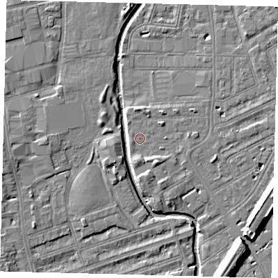 Shaded relief map of the ground around SW184UW, computed from Environment Agency LiDAR. The ground here sits at about 9 m above sea level and falls 11 m across the surrounding 800 m. Surface water reaching this point runs off ground lying to the south-east, 2.8 m higher.