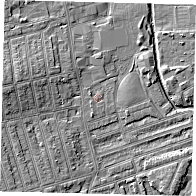 Shaded relief map of the ground around SW184XG, computed from Environment Agency LiDAR. The ground here sits at about 9 m above sea level and falls 11 m across the surrounding 800 m. Surface water reaching this point runs off ground lying to the south-west, 1.3 m higher.