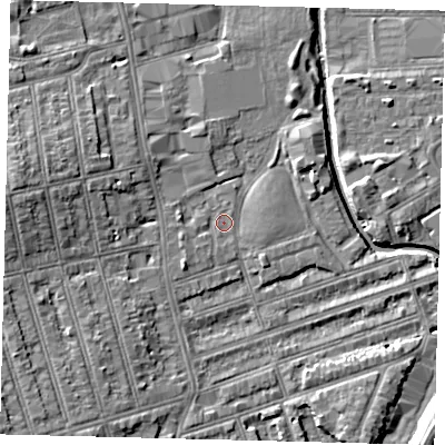 Shaded relief map of the ground around SW184XH, computed from Environment Agency LiDAR. The ground here sits at about 9 m above sea level and falls 11 m across the surrounding 800 m. Surface water reaching this point runs off ground lying to the west-south-west, 1.3 m higher.