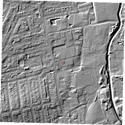 Shaded relief map of the ground around SW185JS, computed from Environment Agency LiDAR. The ground here sits at about 9 m above sea level and falls 12 m across the surrounding 800 m. Surface water reaching this point runs off ground lying to the west-north-west, 0.9 m higher.