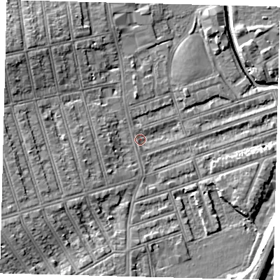Shaded relief map of the ground around SW185LD, computed from Environment Agency LiDAR. The ground here sits at about 9 m above sea level and falls 11 m across the surrounding 800 m. Surface water reaching this point runs off ground lying to the south-west, 3.6 m higher.