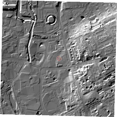 Shaded relief map of the ground around SW189TE, computed from Environment Agency LiDAR. The ground here sits at about 6 m above sea level and falls 42 m across the surrounding 800 m. Surface water reaching this point runs off ground lying to the east, 14.8 m higher.