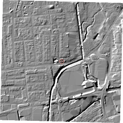 Shaded relief map of the ground around SW191DH, computed from Environment Agency LiDAR. The ground here sits at about 14 m above sea level and falls 7 m across the surrounding 800 m. Surface water reaching this point runs off ground lying to the south-west, 3.1 m higher.