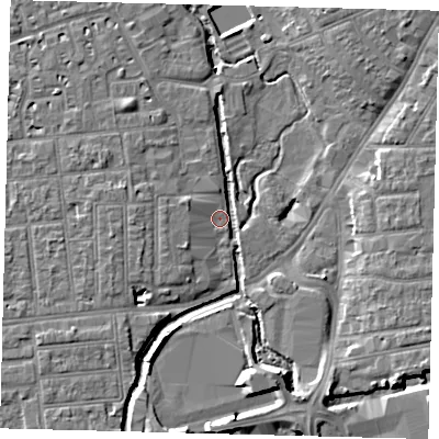 Shaded relief map of the ground around SW191DW, computed from Environment Agency LiDAR. The ground here sits at about 12 m above sea level and falls 8 m across the surrounding 800 m. Surface water reaching this point runs off ground lying to the south-south-east, 6.4 m higher.