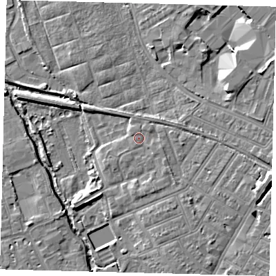 Shaded relief map of the ground around SW191TG, computed from Environment Agency LiDAR. The ground here sits at about 13 m above sea level and falls 9 m across the surrounding 800 m. Surface water reaching this point runs off ground lying to the east-south-east, 1.0 m higher.