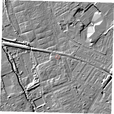 Shaded relief map of the ground around SW191TH, computed from Environment Agency LiDAR. The ground here sits at about 14 m above sea level and falls 9 m across the surrounding 800 m. Surface water reaching this point runs off ground lying to the east-south-east, 5.8 m higher.