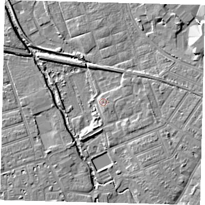 Shaded relief map of the ground around SW191TL, computed from Environment Agency LiDAR. The ground here sits at about 13 m above sea level and falls 6 m across the surrounding 800 m. Surface water reaching this point runs off ground lying to the south-south-west, 3.7 m higher.