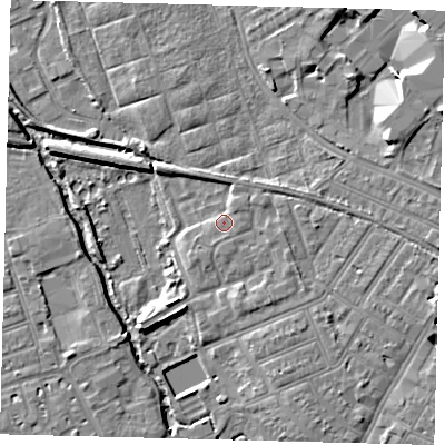 Shaded relief map of the ground around SW191TN, computed from Environment Agency LiDAR. The ground here sits at about 13 m above sea level and falls 8 m across the surrounding 800 m. Surface water reaching this point runs off ground lying to the east-south-east, 2.0 m higher.