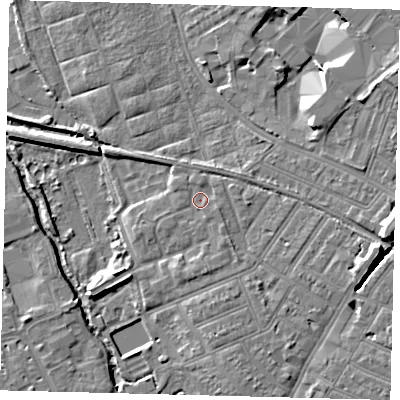 Shaded relief map of the ground around SW191TQ, computed from Environment Agency LiDAR. The ground here sits at about 13 m above sea level and falls 10 m across the surrounding 800 m. Surface water reaching this point runs off ground lying to the south-east, 1.0 m higher.