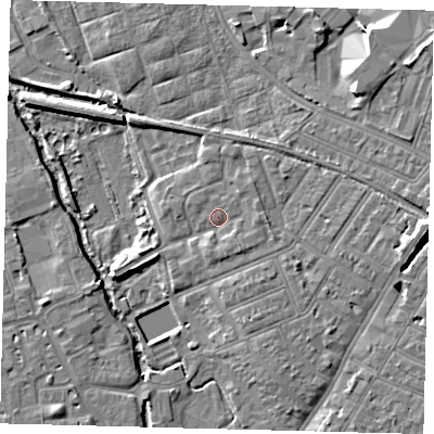 Shaded relief map of the ground around SW191TR, computed from Environment Agency LiDAR. The ground here sits at about 13 m above sea level and falls 9 m across the surrounding 800 m. Surface water reaching this point runs off ground lying to the south-east, 1.7 m higher.