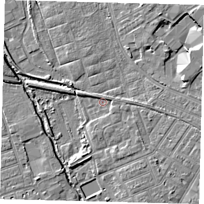 Shaded relief map of the ground around SW191UL, computed from Environment Agency LiDAR. The ground here sits at about 12 m above sea level and falls 7 m across the surrounding 800 m. Surface water reaching this point runs off ground lying to the east-south-east, 2.7 m higher.