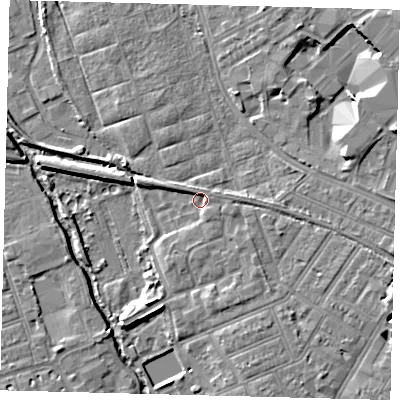 Shaded relief map of the ground around SW191UN, computed from Environment Agency LiDAR. The ground here sits at about 12 m above sea level and falls 8 m across the surrounding 800 m. Surface water reaching this point runs off ground lying to the east-south-east, 4.3 m higher.
