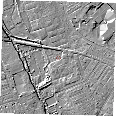 Shaded relief map of the ground around SW191UP, computed from Environment Agency LiDAR. The ground here sits at about 12 m above sea level and falls 7 m across the surrounding 800 m. Surface water reaching this point runs off ground lying to the east-south-east, 2.8 m higher.