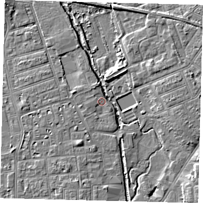 Shaded relief map of the ground around SW191XF, computed from Environment Agency LiDAR. The ground here sits at about 13 m above sea level and falls 6 m across the surrounding 800 m. Surface water reaching this point runs off ground lying to the south-east, 5.9 m higher.