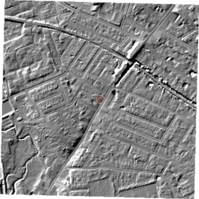 Shaded relief map of the ground around SW192AB, computed from Environment Agency LiDAR. The ground here sits at about 14 m above sea level and falls 12 m across the surrounding 800 m. Surface water reaching this point runs off ground lying to the east-south-east, 4.5 m higher.