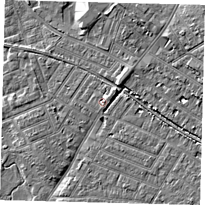 Shaded relief map of the ground around SW192AE, computed from Environment Agency LiDAR. The ground here sits at about 15 m above sea level and falls 11 m across the surrounding 800 m. Surface water reaching this point runs off ground lying to the north-east, 3.7 m higher.