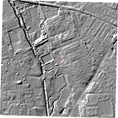 Shaded relief map of the ground around SW192AF, computed from Environment Agency LiDAR. The ground here sits at about 12 m above sea level and falls 8 m across the surrounding 800 m. Surface water reaching this point runs off ground lying to the east-south-east, 2.5 m higher.
