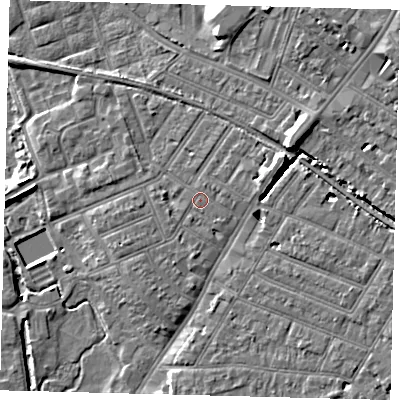 Shaded relief map of the ground around SW192AH, computed from Environment Agency LiDAR. The ground here sits at about 14 m above sea level and falls 11 m across the surrounding 800 m. Surface water reaching this point runs off ground lying to the south-south-east, 0.6 m higher.