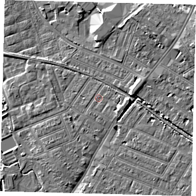 Shaded relief map of the ground around SW192AJ, computed from Environment Agency LiDAR. The ground here sits at about 14 m above sea level and falls 12 m across the surrounding 800 m. Surface water reaching this point runs off ground lying to the east-south-east, 3.7 m higher.