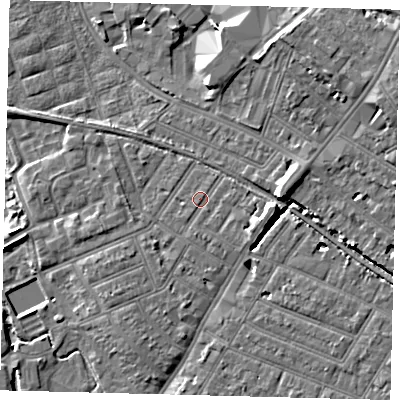 Shaded relief map of the ground around SW192AL, computed from Environment Agency LiDAR. The ground here sits at about 14 m above sea level and falls 11 m across the surrounding 800 m. Surface water reaching this point runs off ground lying to the east-south-east, 3.7 m higher.