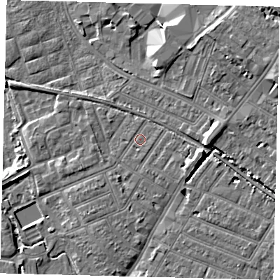 Shaded relief map of the ground around SW192AN, computed from Environment Agency LiDAR. The ground here sits at about 14 m above sea level and falls 11 m across the surrounding 800 m. Surface water reaching this point runs off ground lying to the south-south-west, 1.6 m higher.
