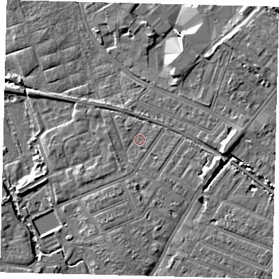 Shaded relief map of the ground around SW192AP, computed from Environment Agency LiDAR. The ground here sits at about 13 m above sea level and falls 10 m across the surrounding 800 m. Surface water reaching this point runs off ground lying to the east, 6.8 m higher.