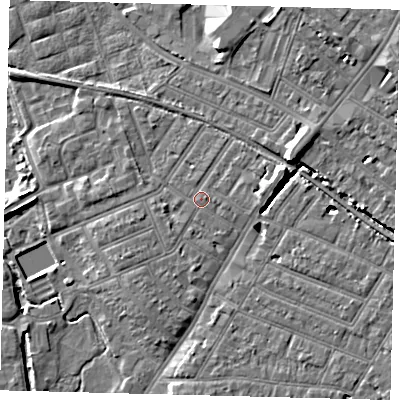 Shaded relief map of the ground around SW192AQ, computed from Environment Agency LiDAR. The ground here sits at about 14 m above sea level and falls 11 m across the surrounding 800 m. The ground contributing surface water to this point lies to the south-south-east.